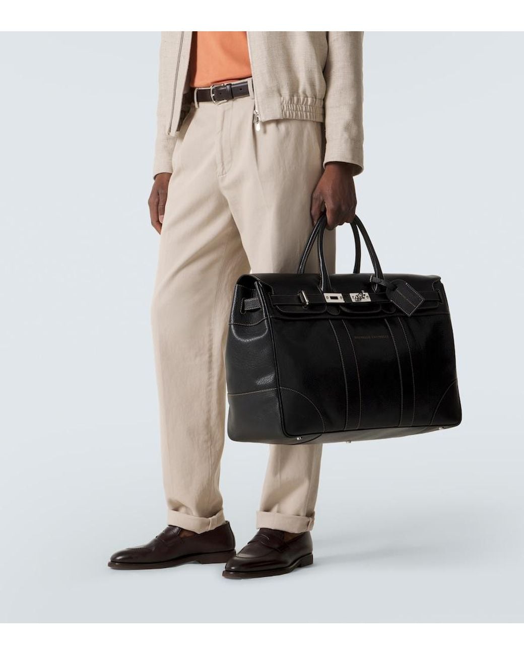 Brunello Cucinelli Black Leather Tote Bag for men