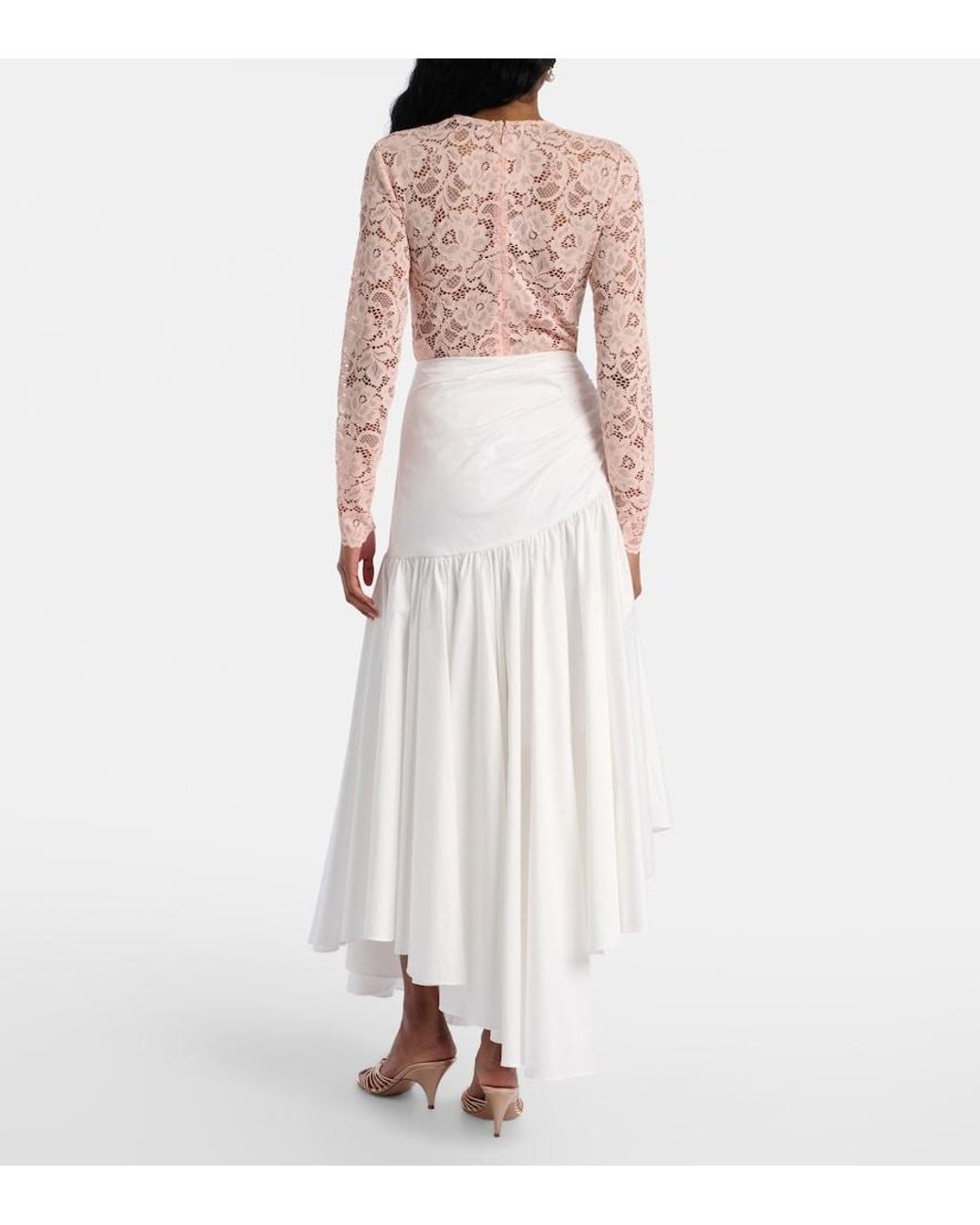 Self-Portrait White Asymmetric Cotton Poplin Midi Skirt