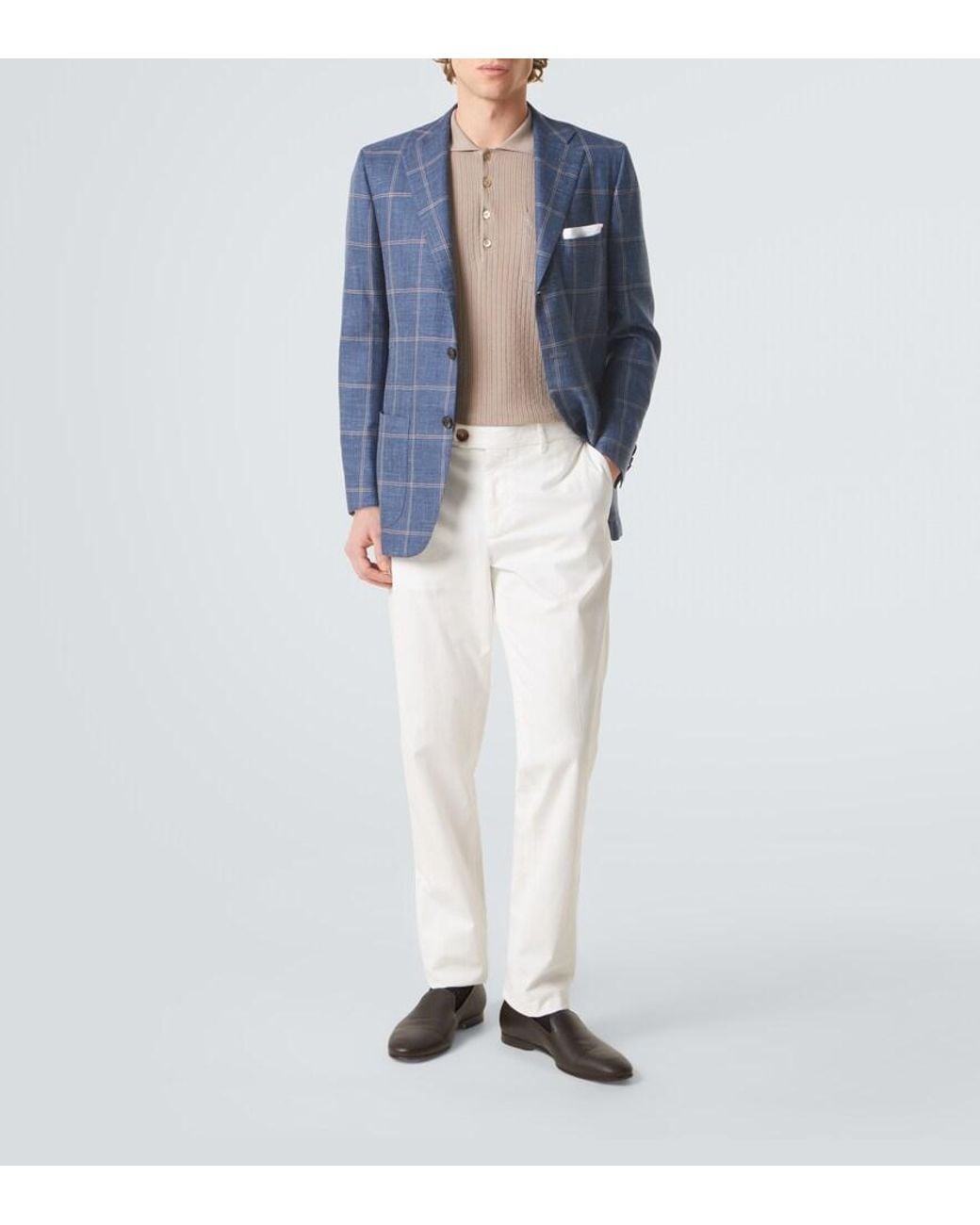 Kiton Blue Checked Cashmere, Wool, Silk, And Linen Blazer for men