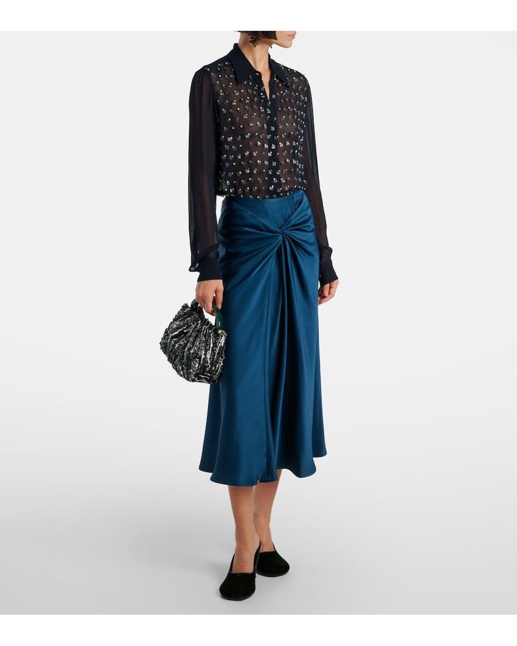 Dries Van Noten Blue Gathered Satin Midi Skirt