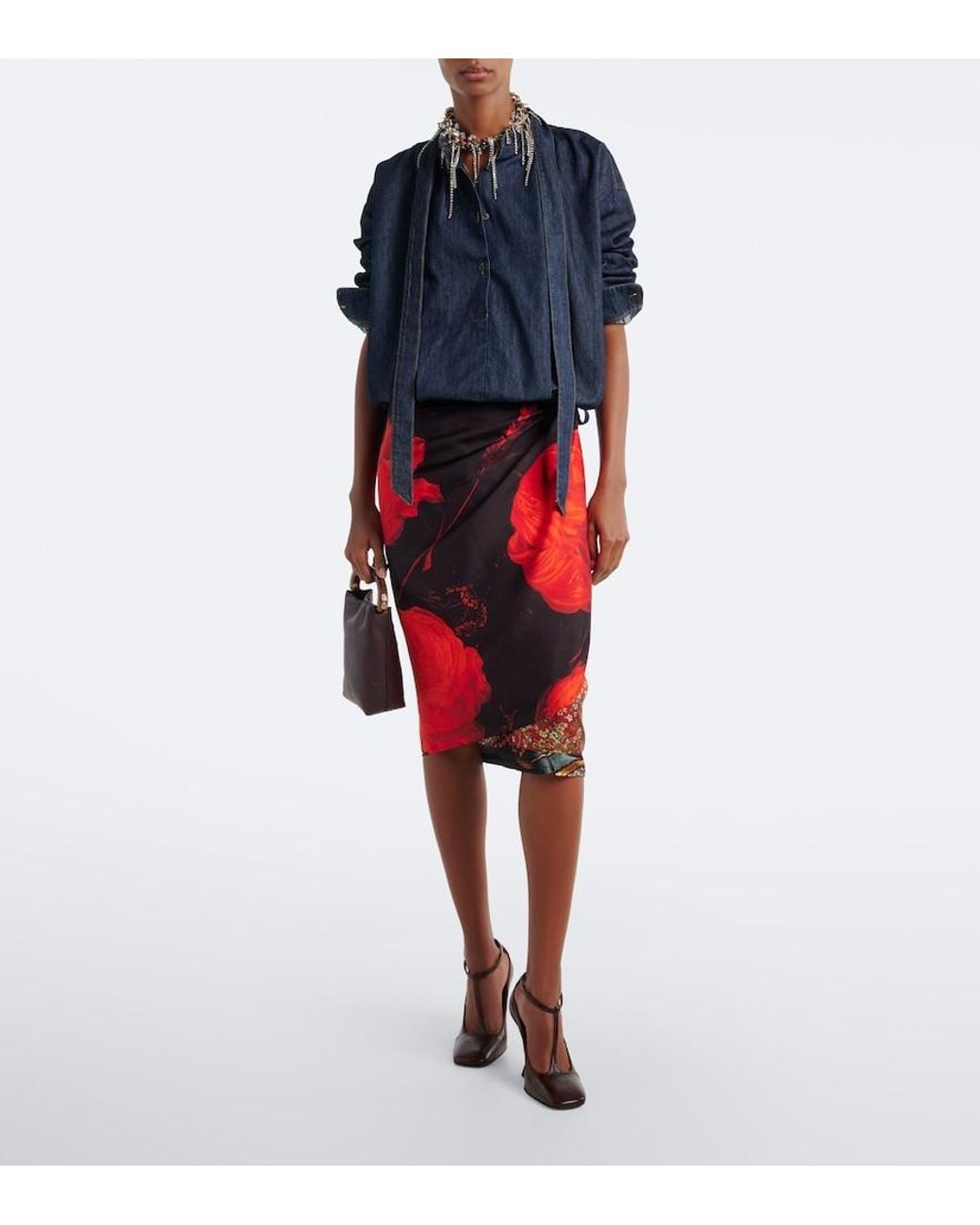 Dries Van Noten Red Printed Silk Wrap Skirt