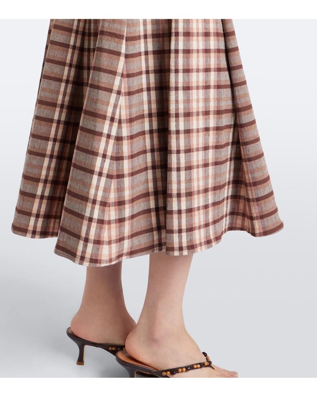 Staud Brown Wells Checked Linen-Blend Midi Dress