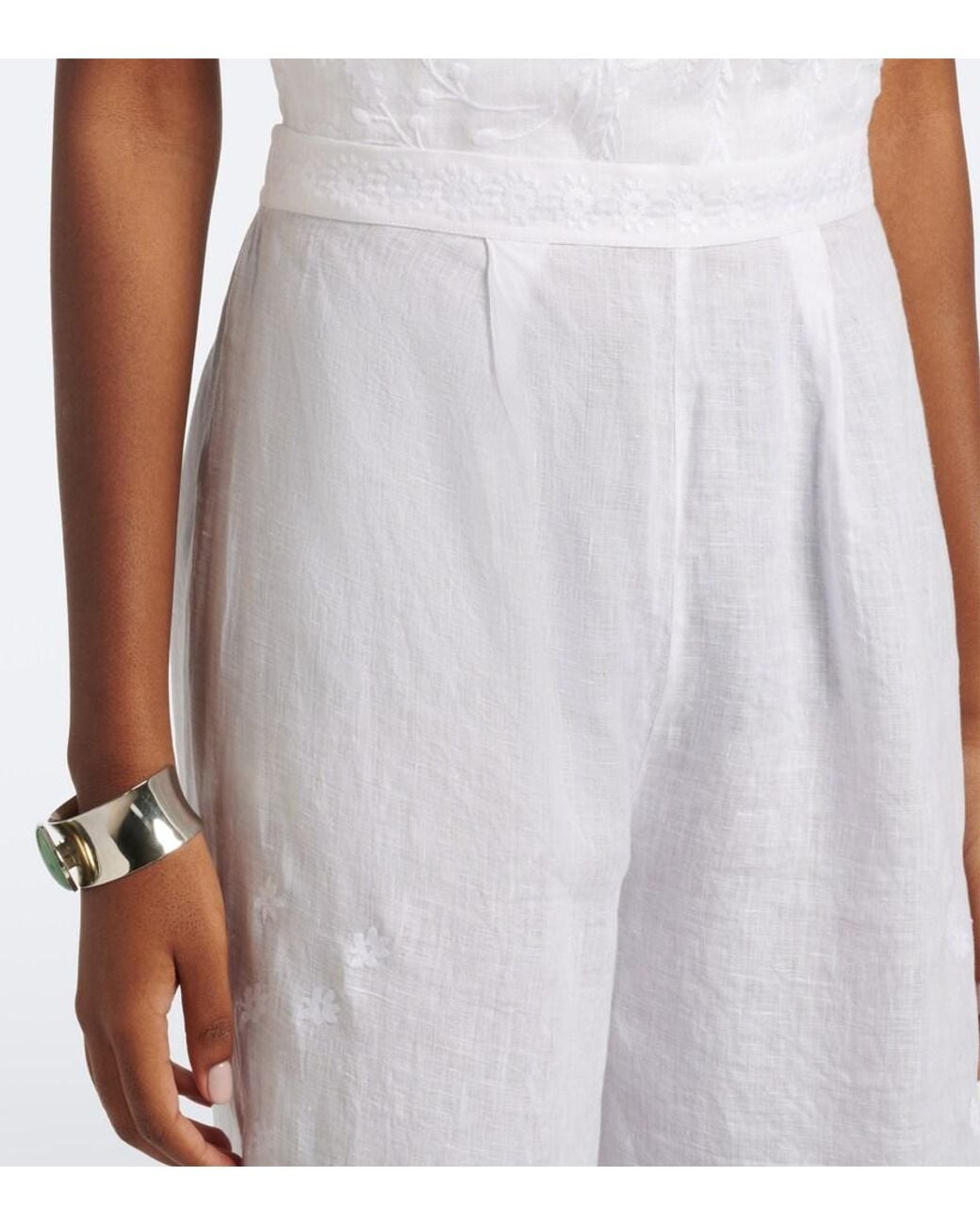 Eres White Albatre Embroidered Linen Wide-Leg Pants