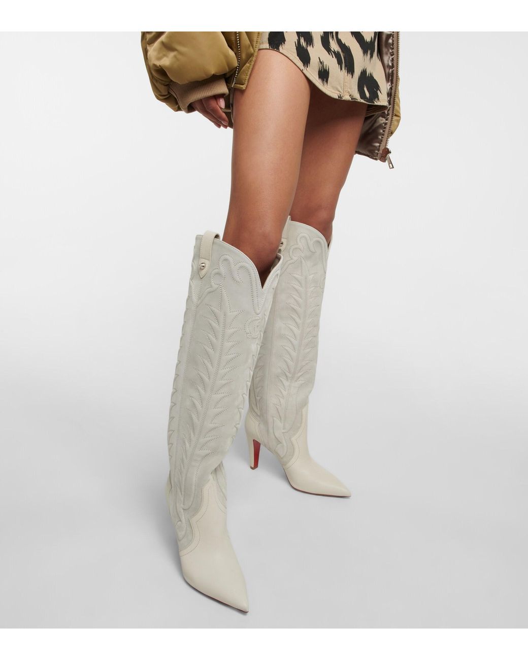 Christian Louboutin Santia Botta 85 White Cowboy Suede Knee High Heel Boot  37.5