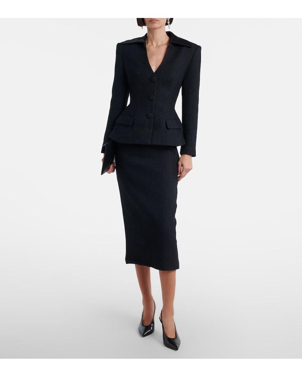 Self-Portrait Black Wool-Blend Twill Midi Dress