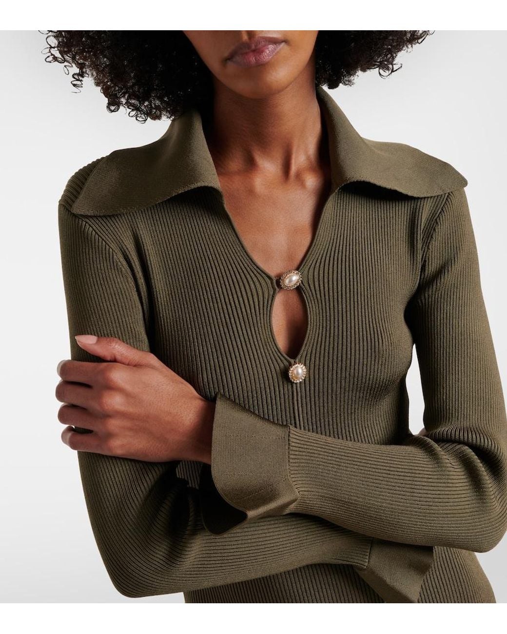 Self-Portrait Natural Ribbed-Knit Midi Dress