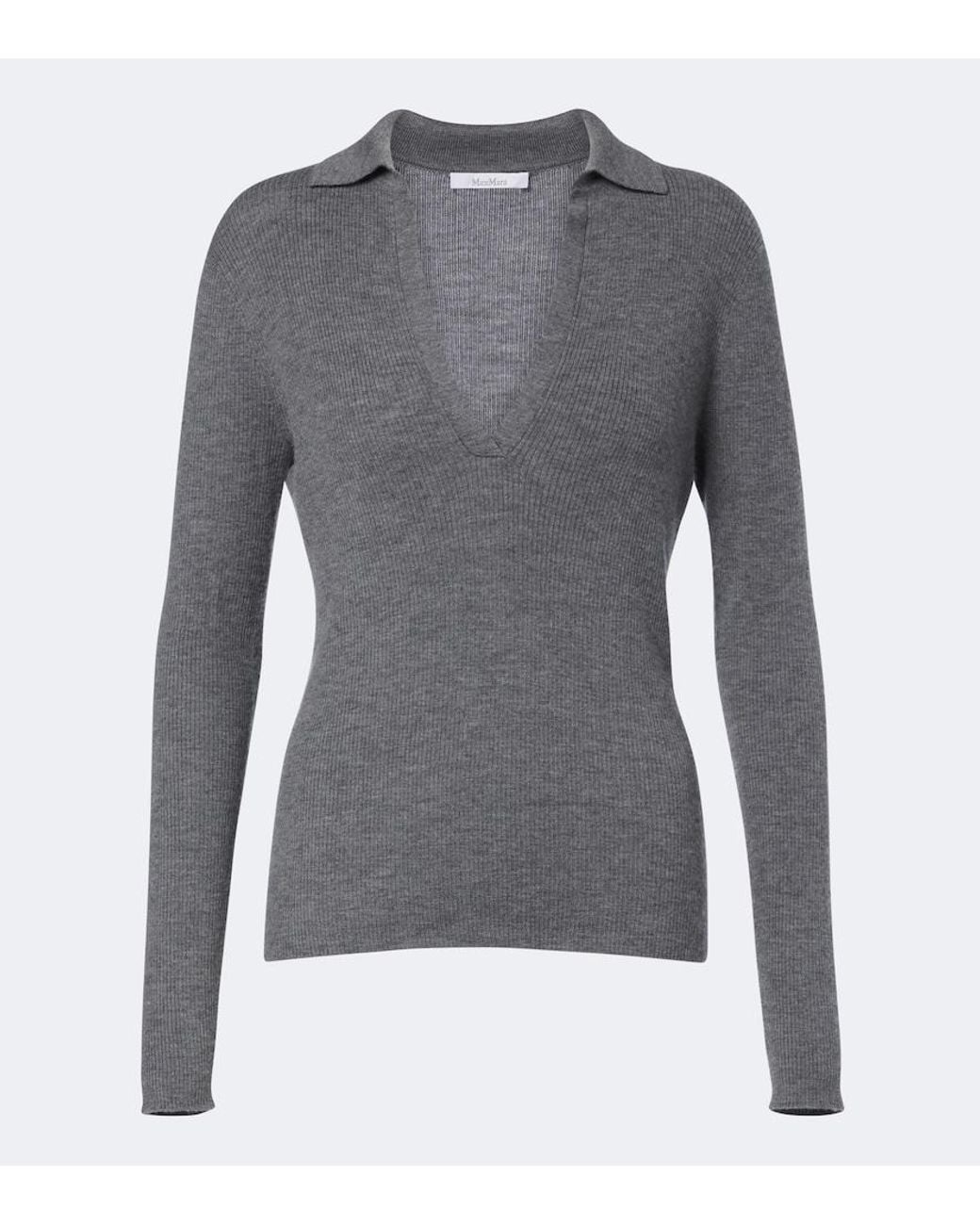 Max Mara Gray Ribbed-Knit Cashmere Polo Sweater