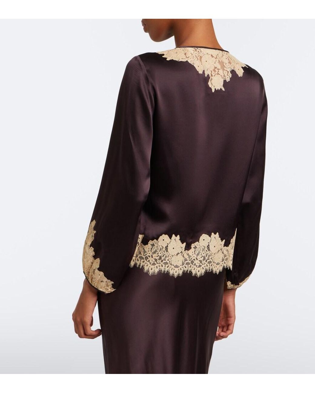 Doen Black Lucine Lace-Trimmed Silk Satin Blouse