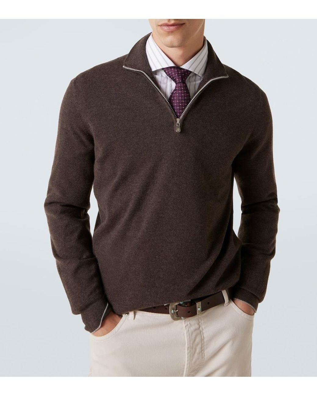 Brunello Cucinelli Brown Cashmere Half-Zip Sweater for men