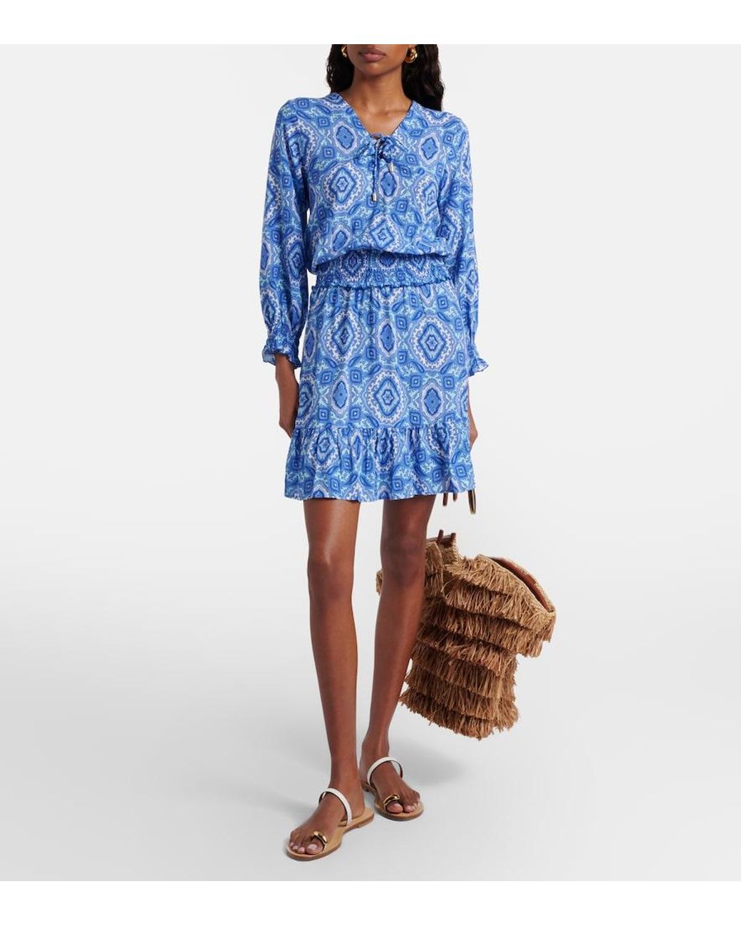 Heidi Klein Blue Mykonos Printed Smocked Minidress