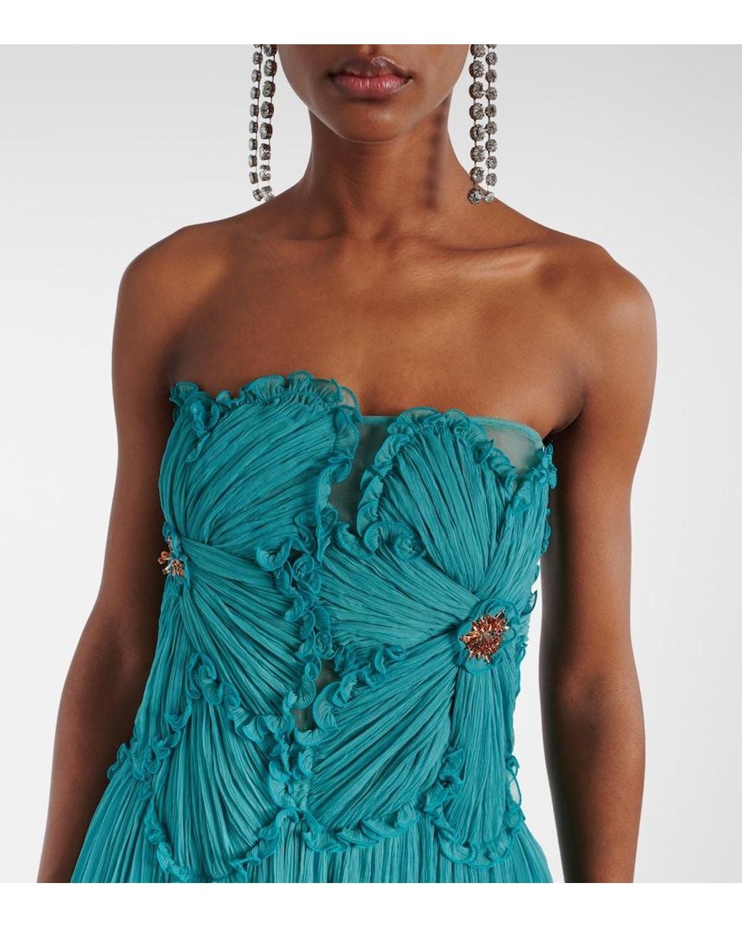 Costarellos Blue Adamaris Embellished Silk-Blend Chiffon Gown