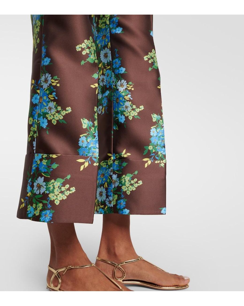 ALÉMAIS Green Floral Cropped Satin Flared Pants