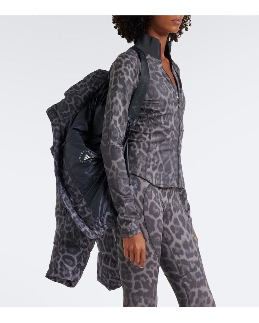 Adidas By Stella McCartney Gray Hooded Leopard-Print Puffer Jacket