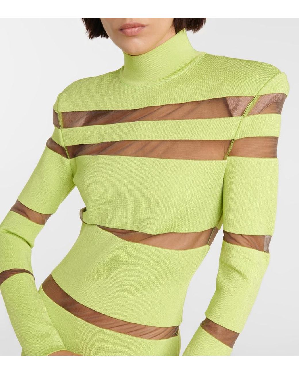 Balmain Green Turtleneck Mesh-Paneled Minidress