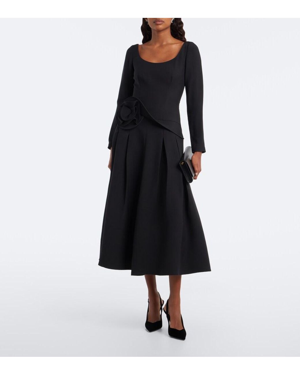 Roland Mouret Black Floral-Applique Wool And Silk Midi Dress