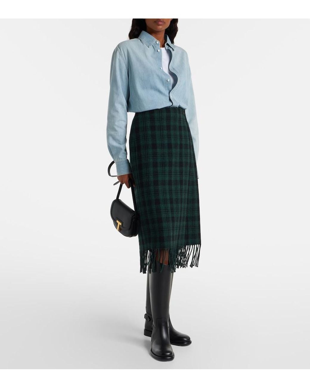 Polo Ralph Lauren Green Checked Fringed Wool-Blend Wrap Skirt
