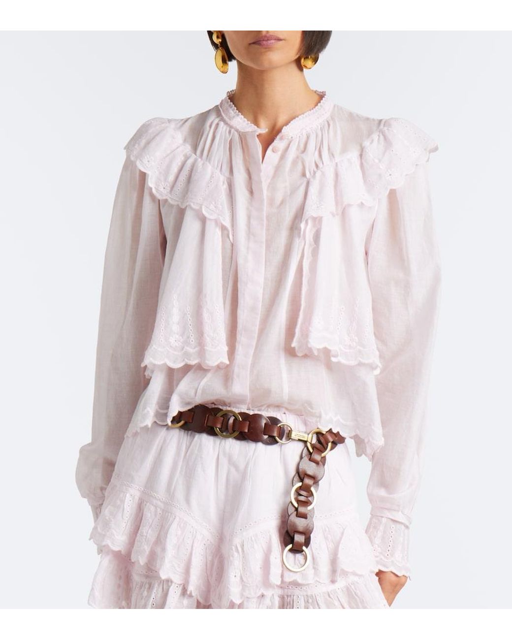 Isabel Marant Pink Kelmon Embroidered Ruffled Cotton Blouse