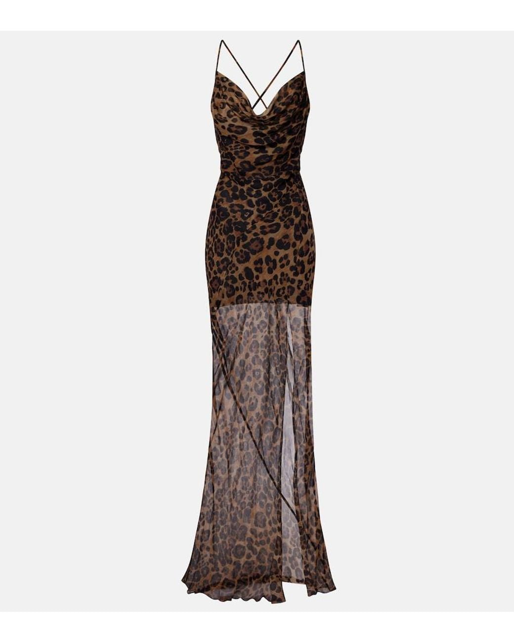 Blumarine Brown Leopard-Print Silk Maxi Dress