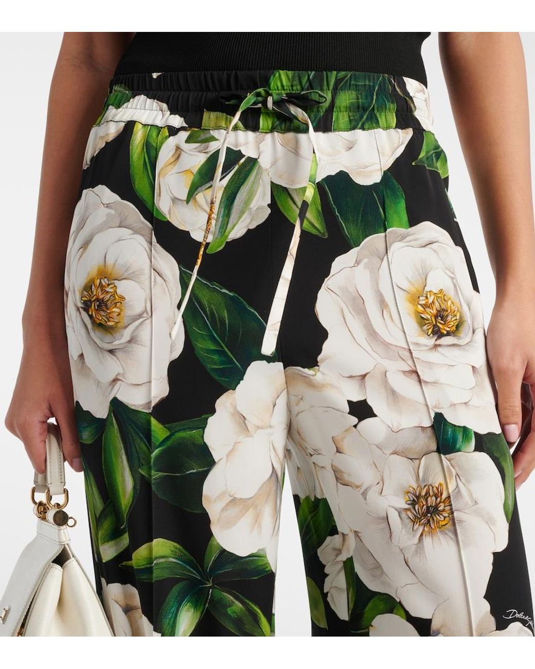 Dolce & Gabbana Green Silk Pants With Floral Pattern