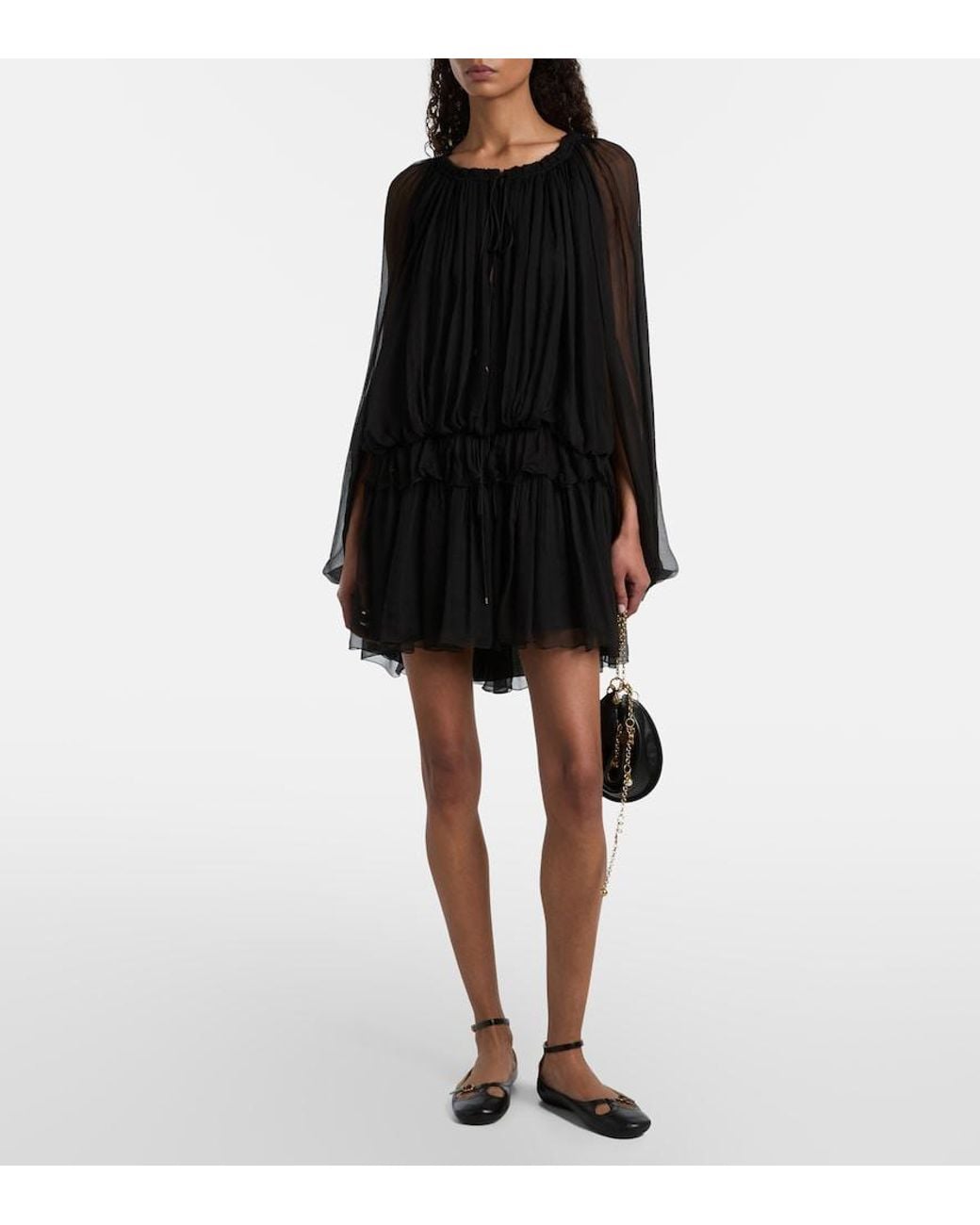 Chloé Black Ruffled Draped Silk Minidress