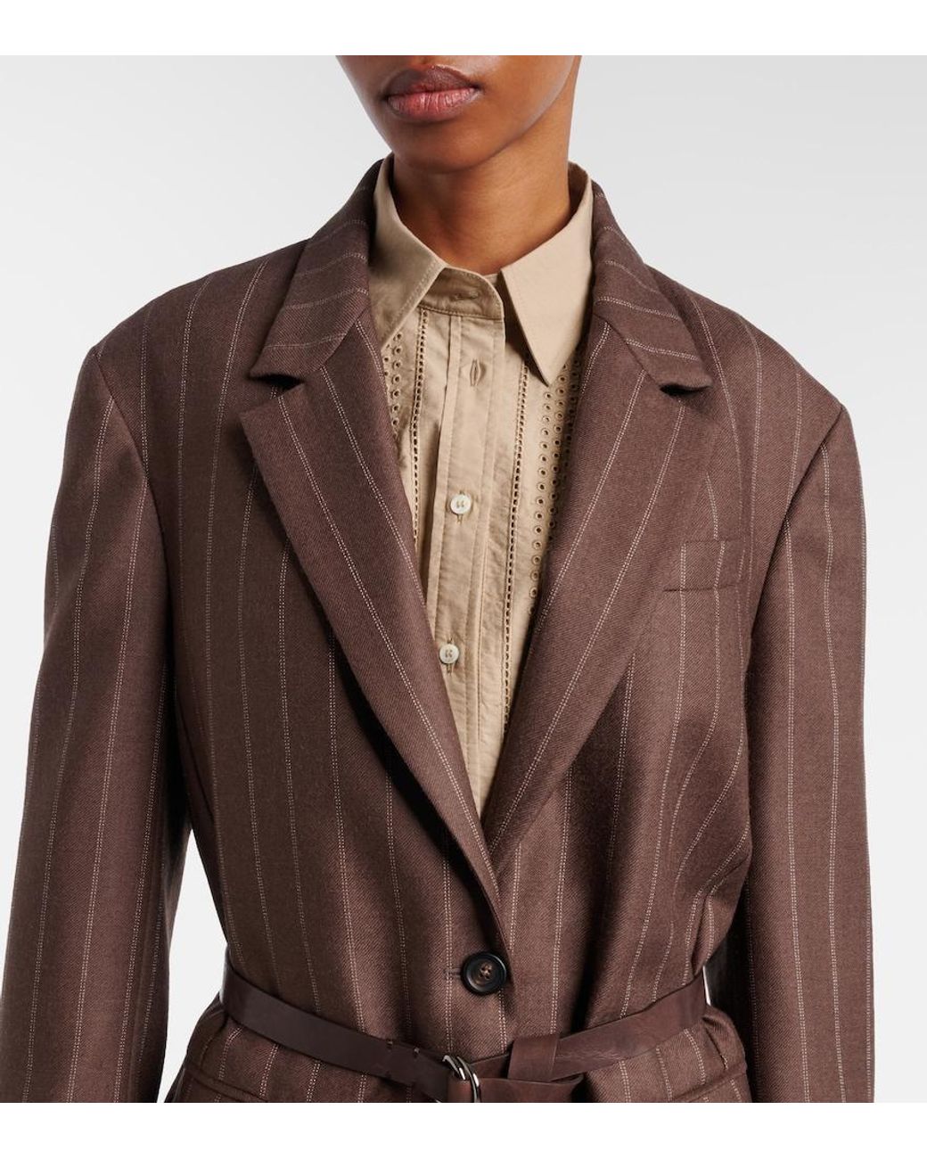 Brunello Cucinelli Brown Belted Pinstriped Virgin Wool Blazer
