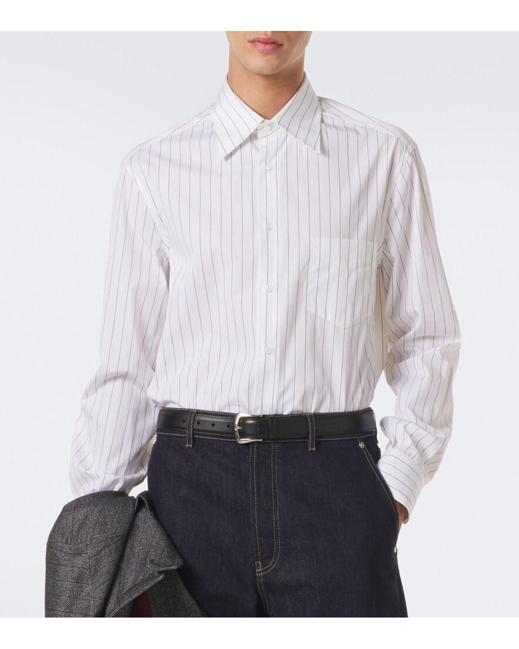Brunello Cucinelli White Pinstriped Cotton Poplin Shirt for men
