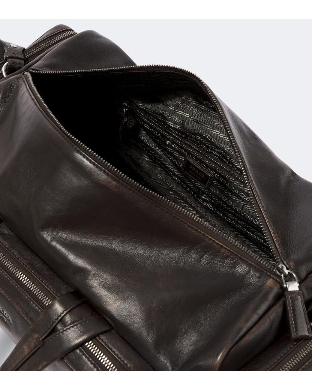 Prada Black Distressed Leather Duffel Bag for men