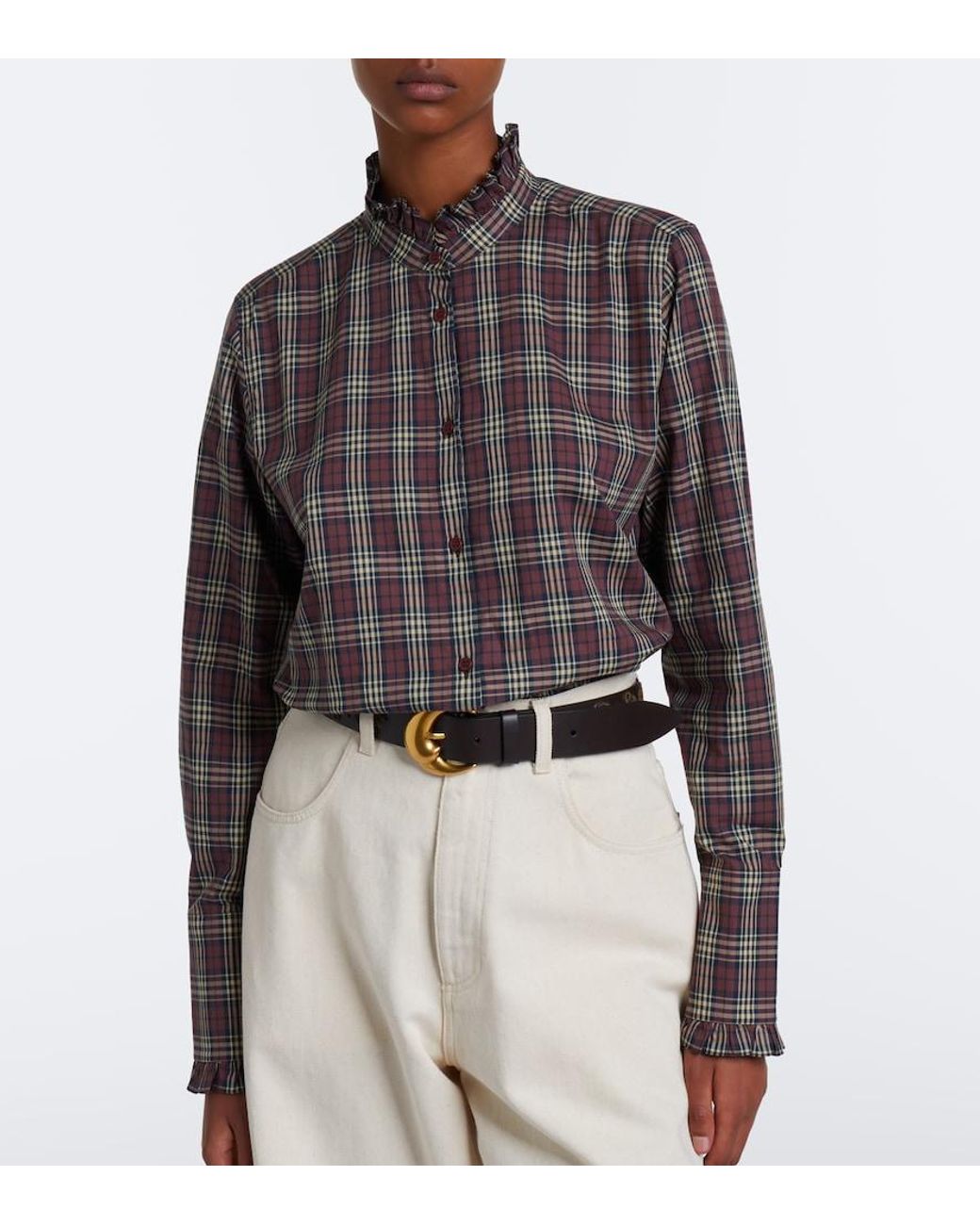 Nili Lotan Brown Elio Ruffled Checked Cotton Shirt