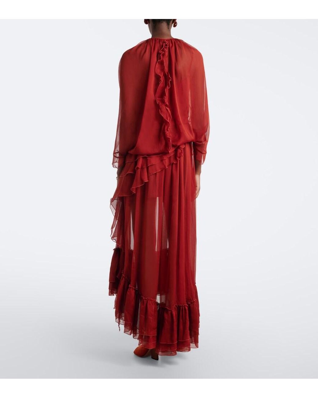 JACQUES WEI Red Ruffled Chiffon Gown