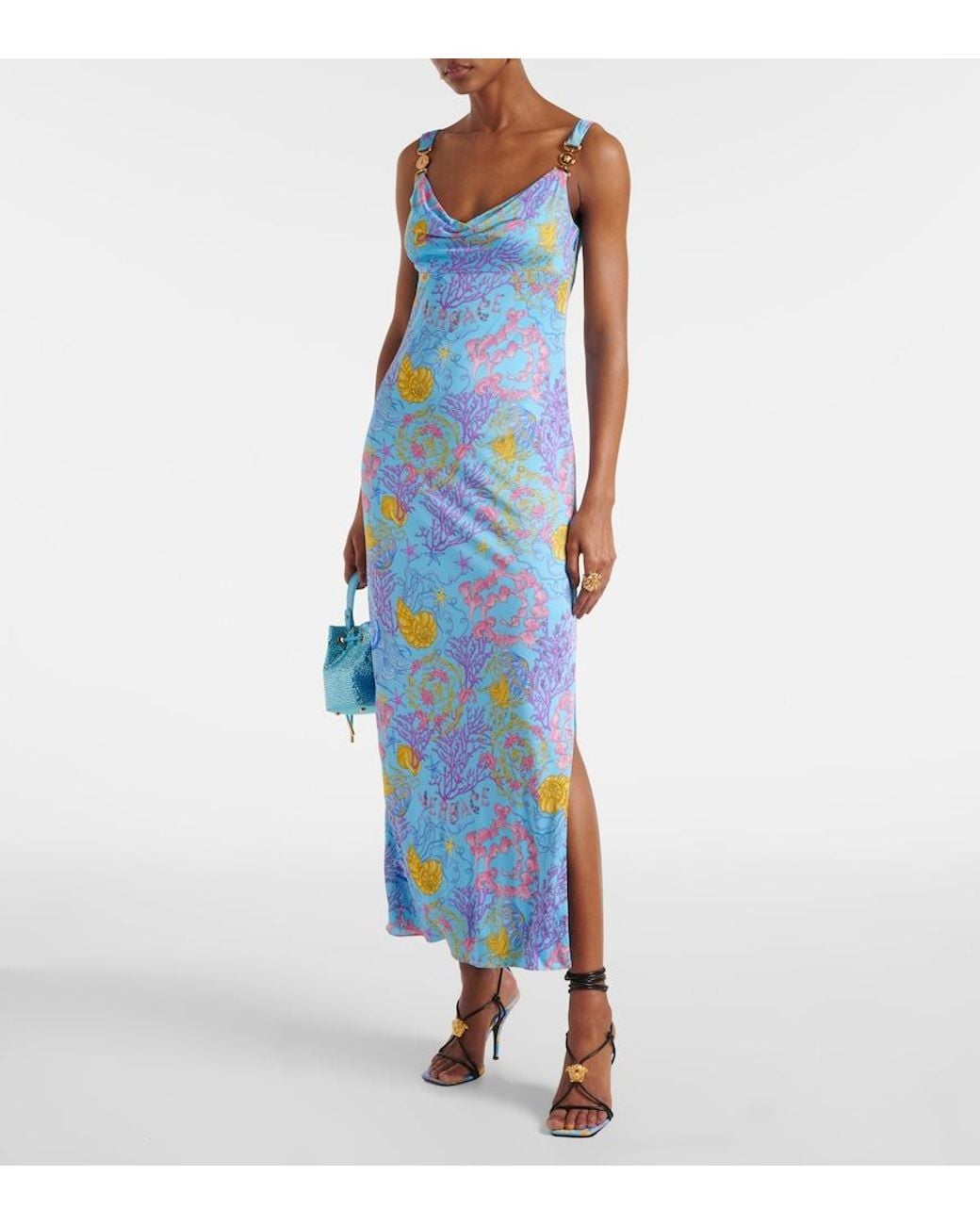 Versace Blue Underwater Barocco Draped Jersey Gown