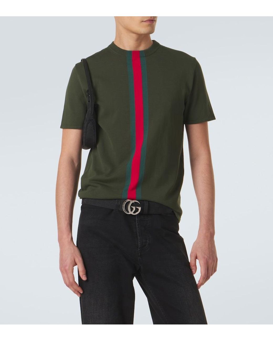 Gucci Green Web Stripe Knitted Cotton T-Shirt for men