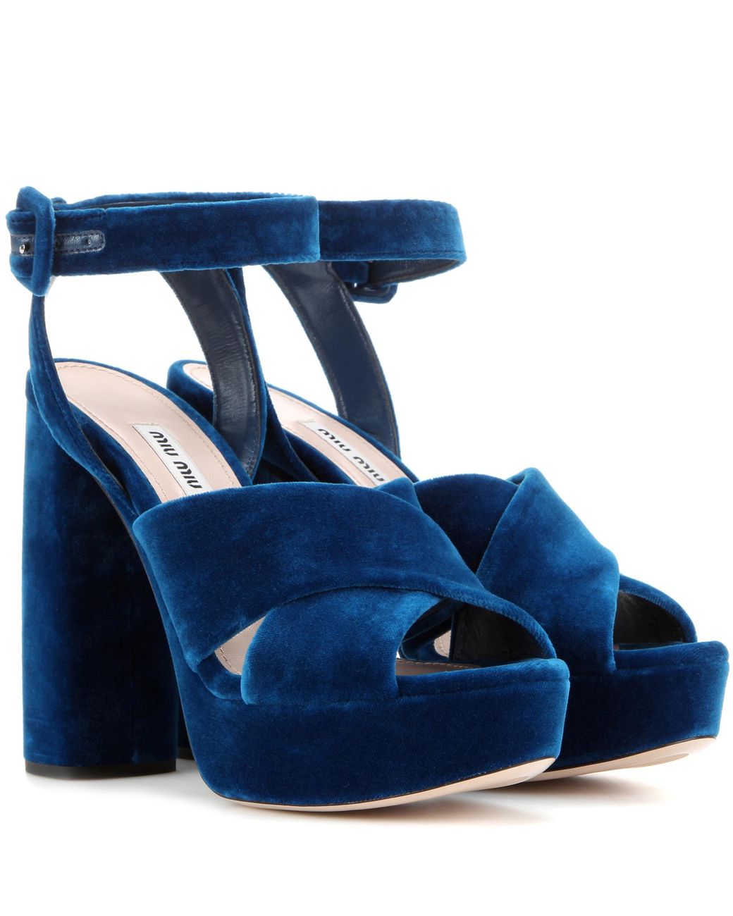 Miu Miu Velvet Platform Sandals in Blue | Lyst