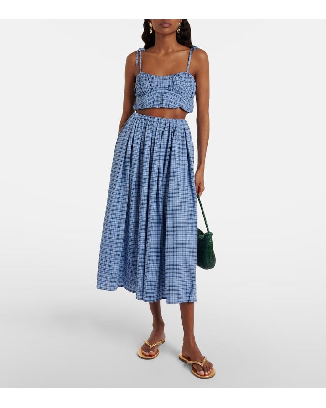 Faithfull The Brand Blue Agora Checked Cotton Midi Skirt