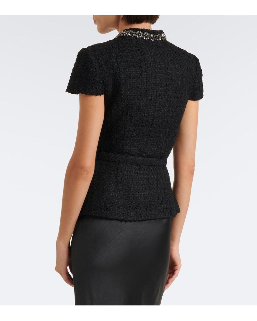 Self-Portrait Black Belted Embellished Boucle And Satin Midi Dress
