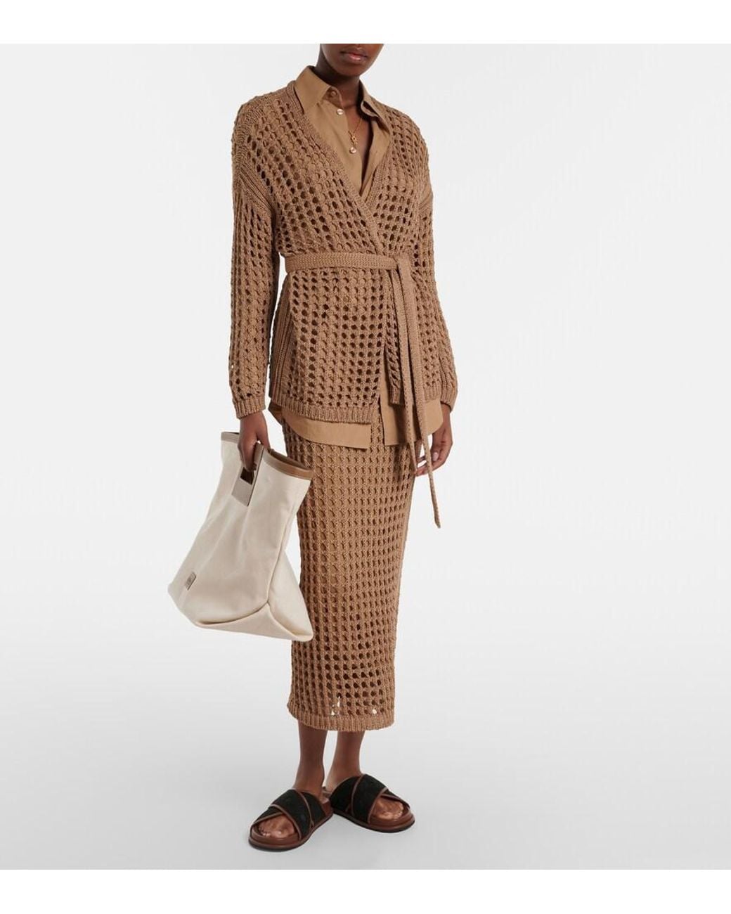 Max Mara Brown Gelo Open-Knit Cotton Wrap Cardigan