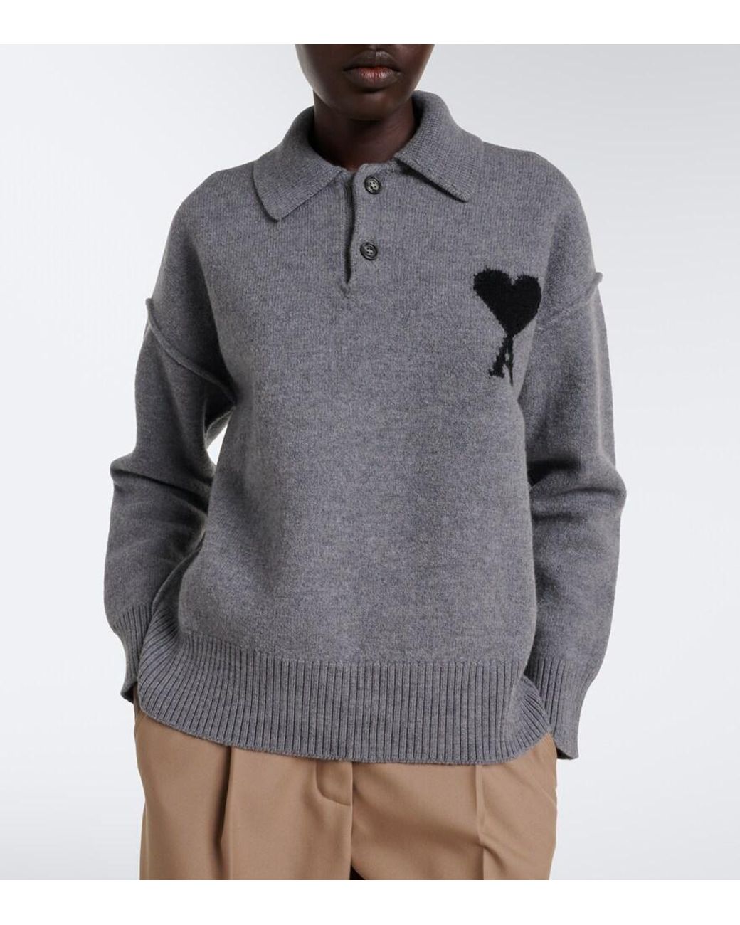 AMI Gray Ami De Coeur Wool Polo Sweater