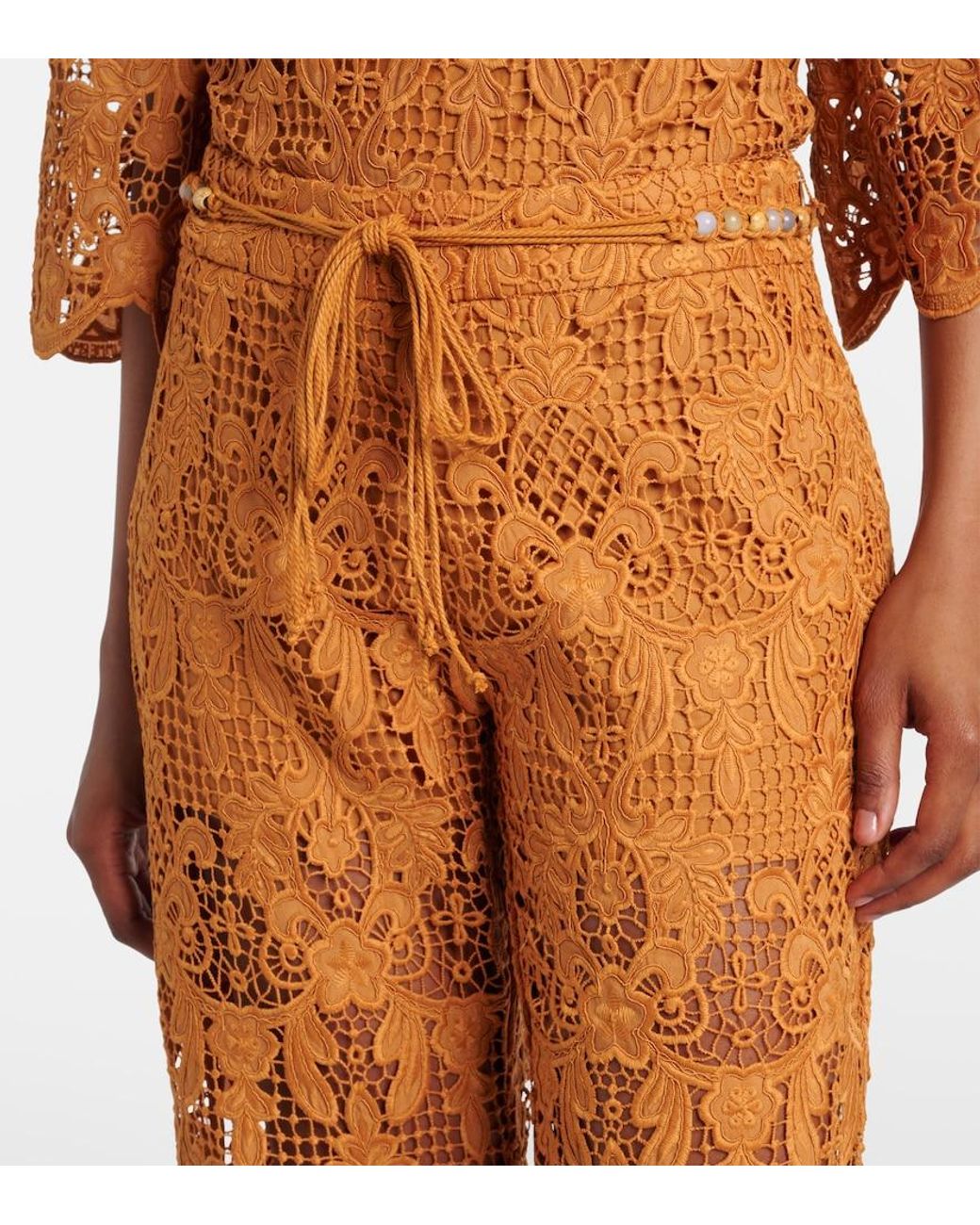 Zimmermann Brown Coco Scalloped Lace Flared Pants