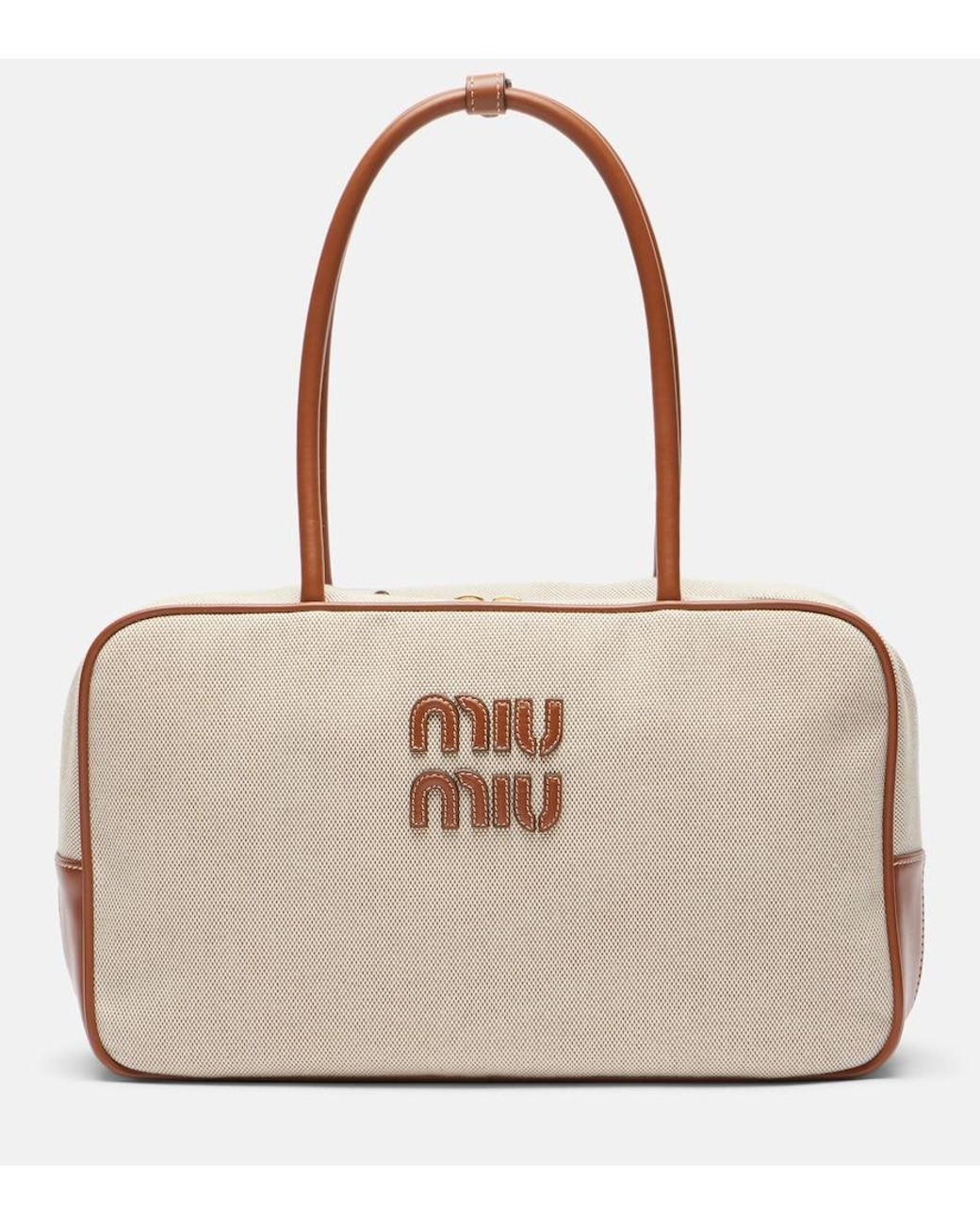 Miu Miu Natural Beau Leather-Trimmed Canvas Tote Bag