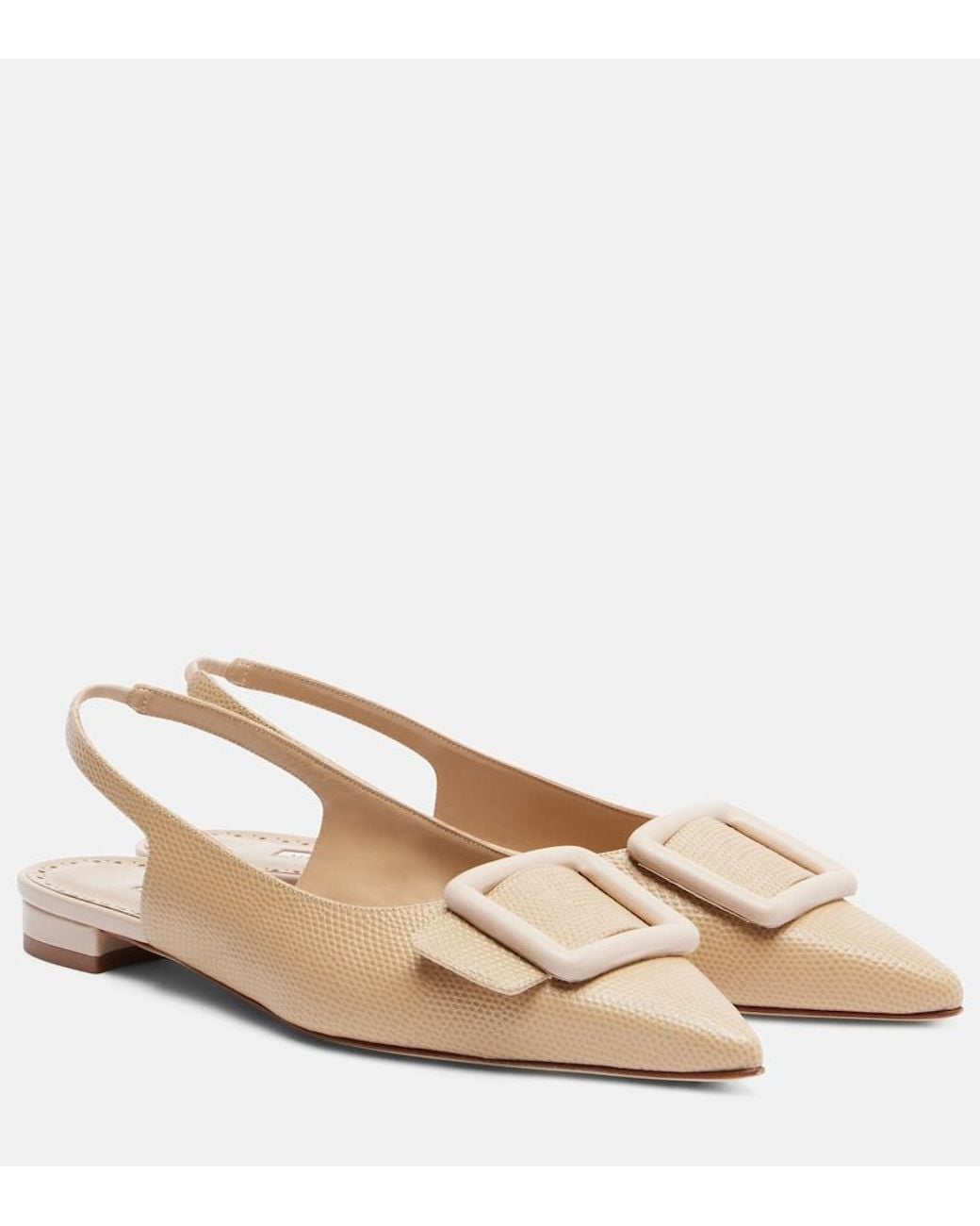 Manolo Blahnik Natural Maylura Croc-Effect Leather Slingback Flats