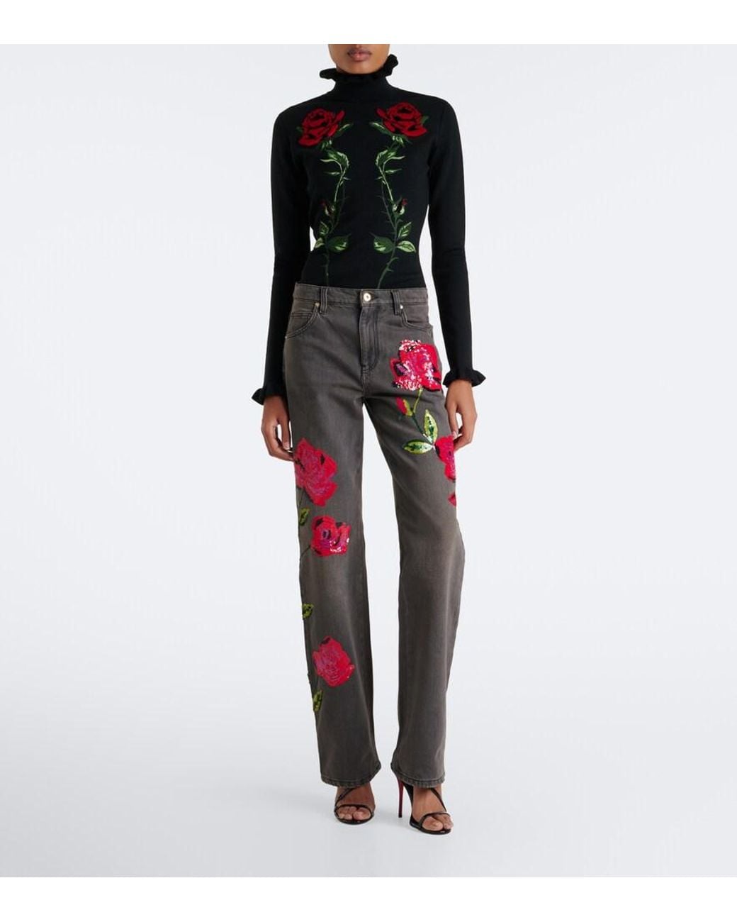 Blumarine Red Sequined Wide-Leg Jeans