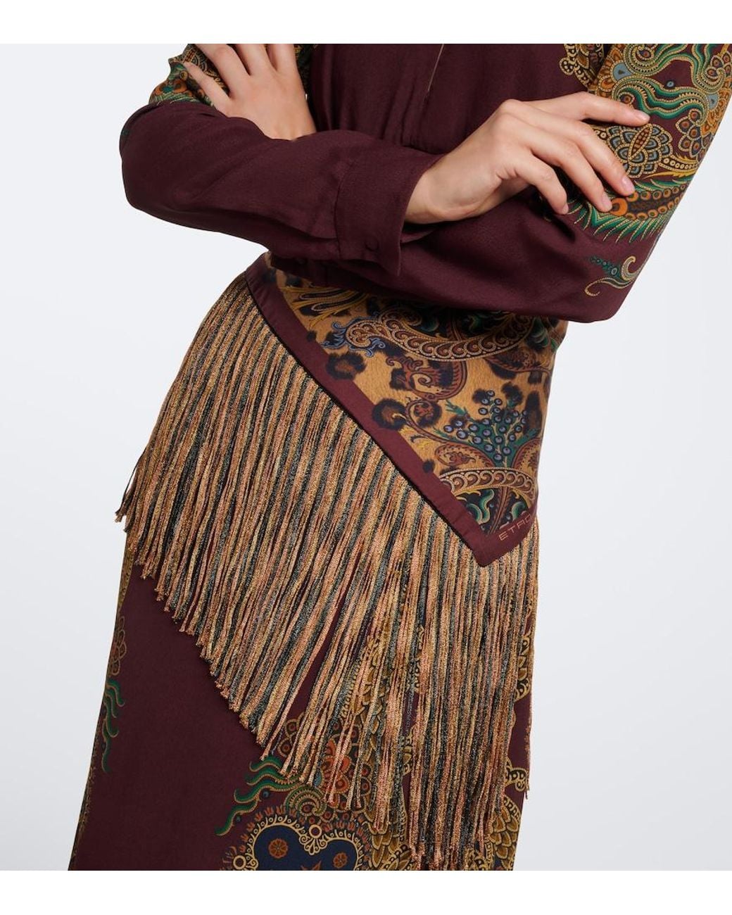 Etro Brown Fringed Leopard-Print Paisley Silk Scarf