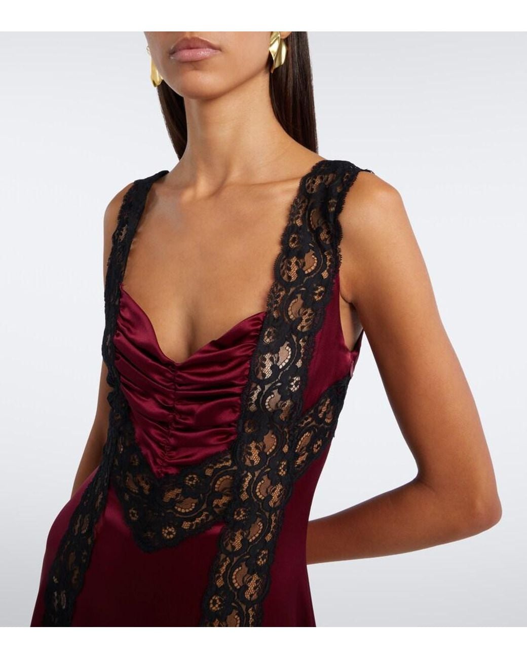 Rodarte Purple Ruched Lace-Trimmed Silk Satin Gown