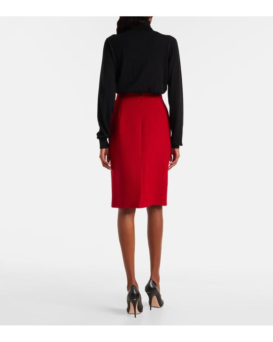 Valentino Garavani Red High-Rise Wool-Blend Tweed Pencil Skirt
