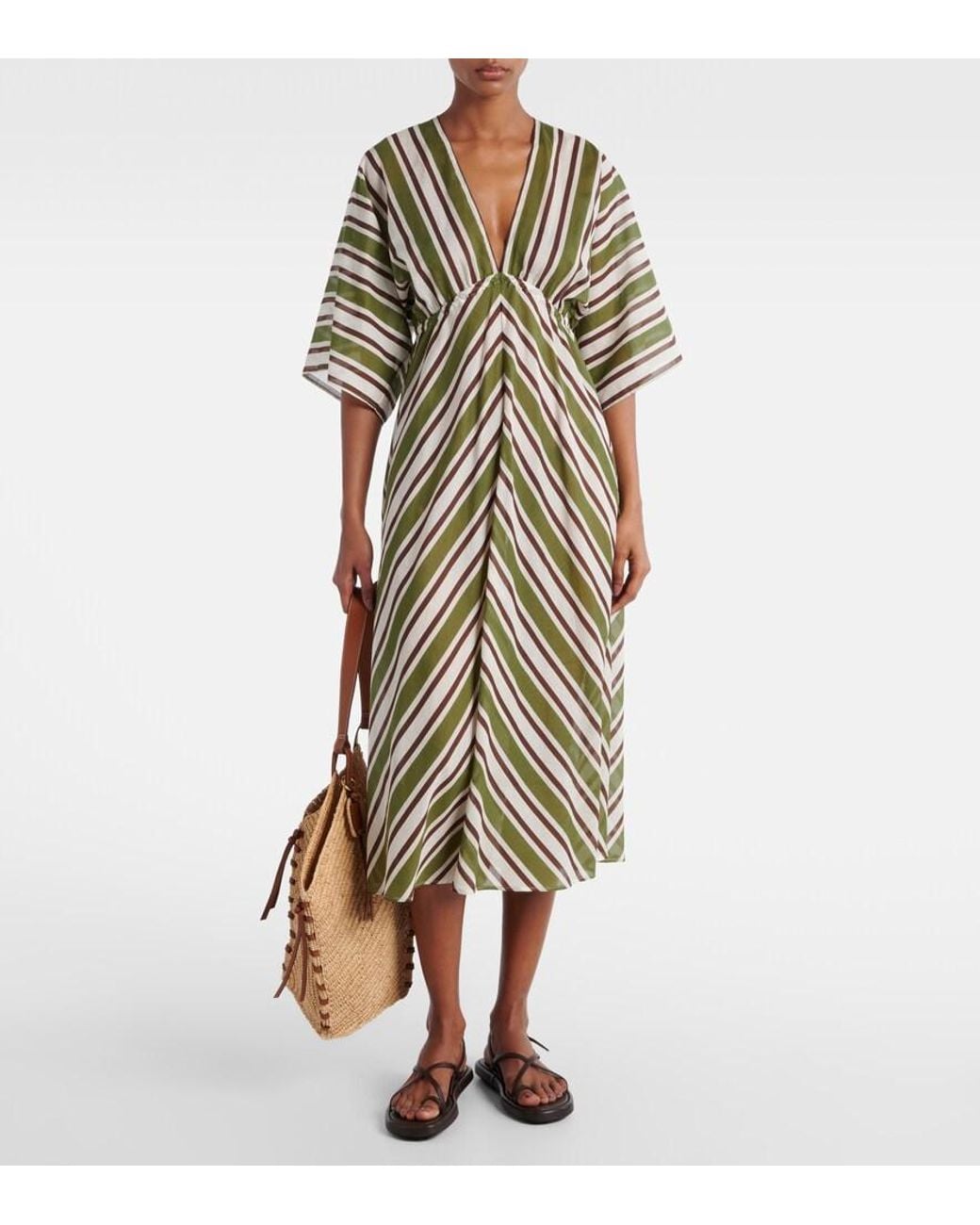 Eres Green Summer Striped Cotton Voile Kaftan