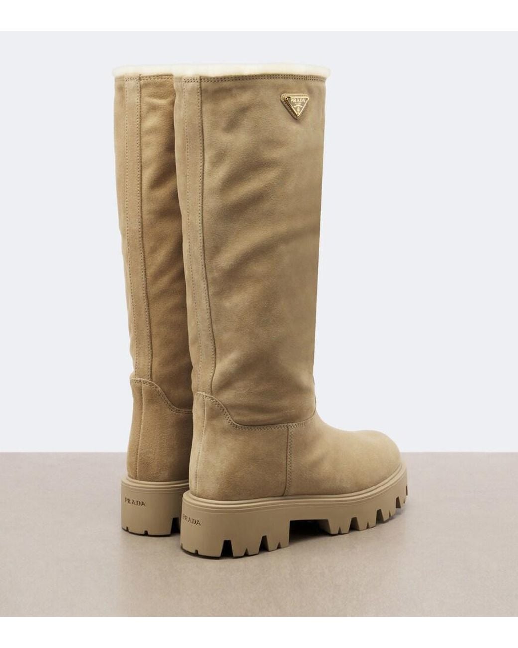 Prada Natural Shearling-Lined Suede Knee-High Boots