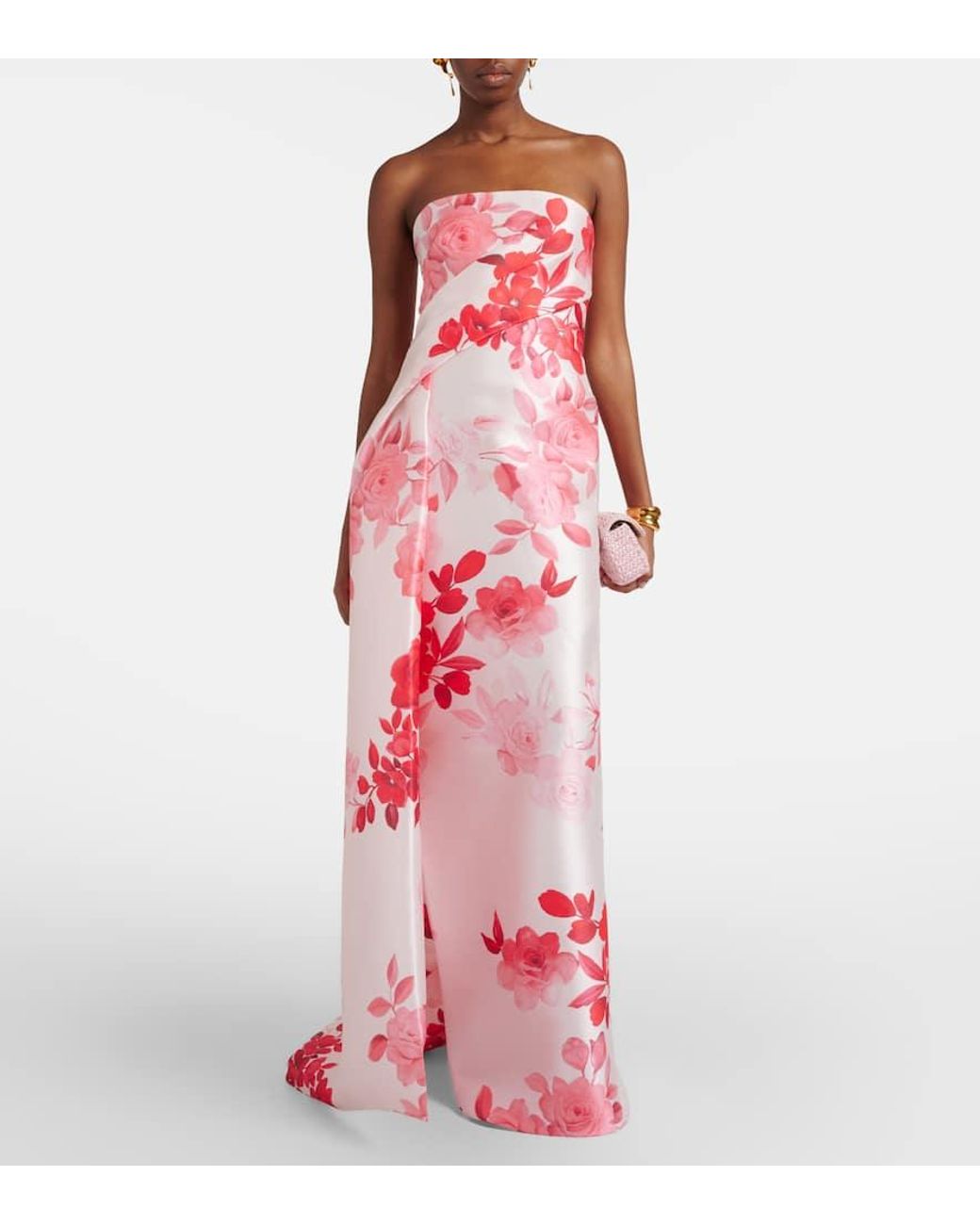 Monique Lhuillier Pink Floral Draped Satin Gown