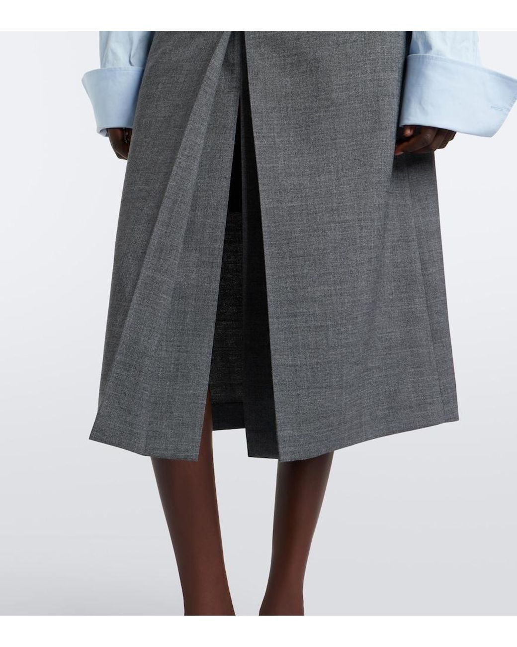 Prada Gray Layered Pleated Wool Midi Skirt