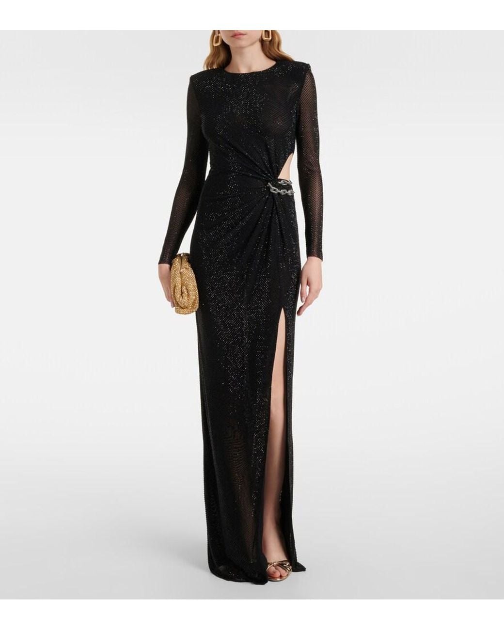 Self-Portrait Black Crystal-Embellished Mesh Maxi Dress