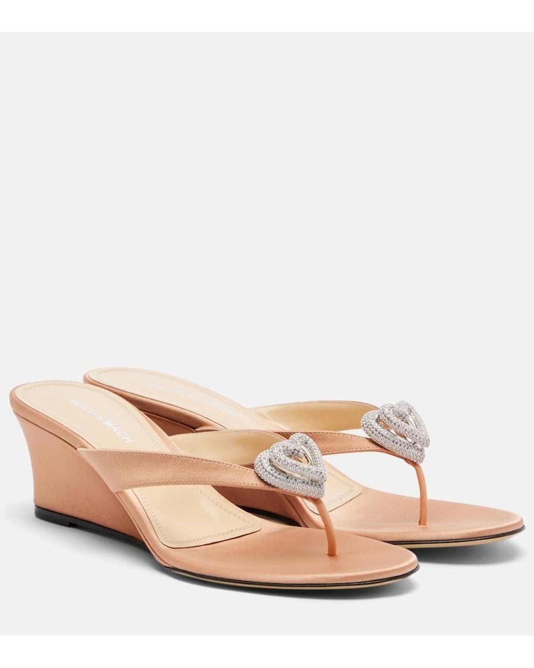 Mach & Mach Pink Double Heart Satin Wedge Thong Sandals