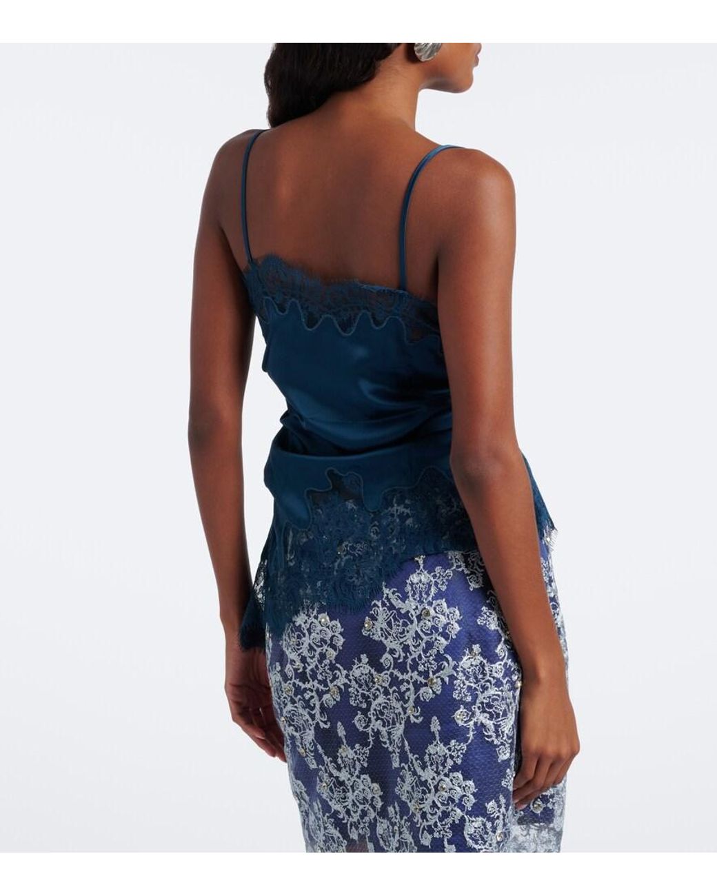 JACQUES WEI Blue Ruched Lace-Trimmed Satin Camisole